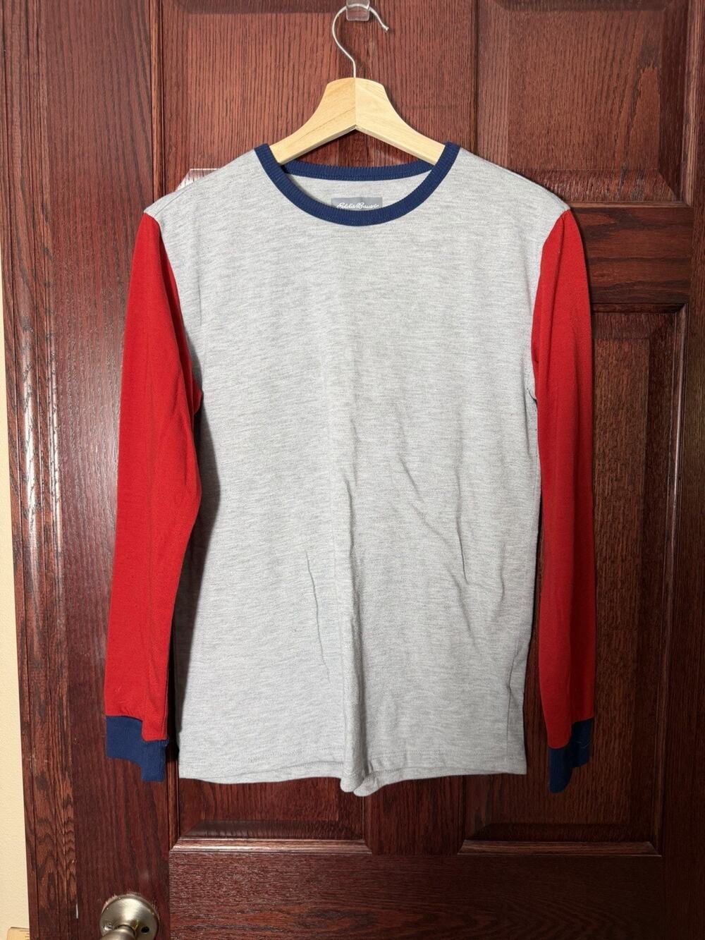 Eddie Bauer Kids Long Sleeve Shirt Size L 14/16 Gray Red Navy Colorblock Raglan